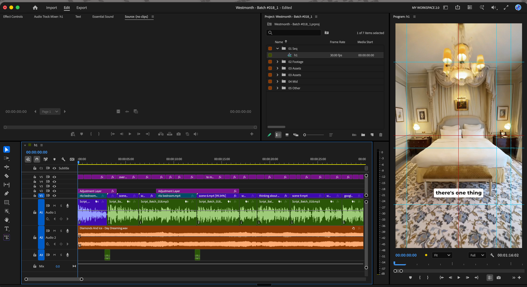 Premiere Pro timeline for Westmonth Batch #018, showing hotel footage on the video track and the script voiceover on the audio track.