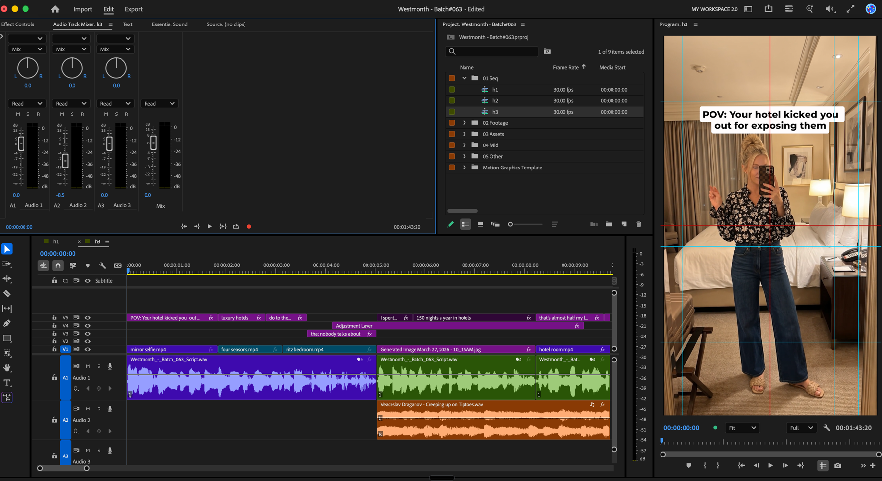 Premiere Pro timeline for Westmonth Batch #063, showing the caption track, the mirror selfie and hotel footage on V1, and the script voiceover on A1.